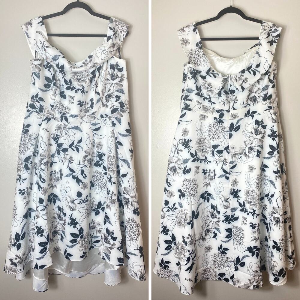 CITY CHIC DRESS 18 FLORAL BLACK WHITE FLOURISH MIDI OFF SHOULDER RUFFLED - Picture 2 of 14